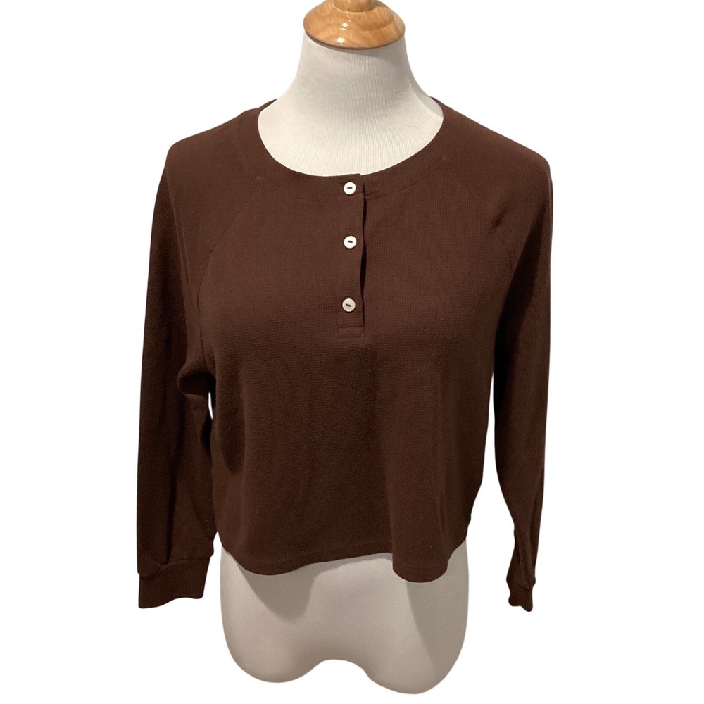 Victoria's Secret Brown Waffle‎ Knit Henley Long Sleeve Cropped Top XS